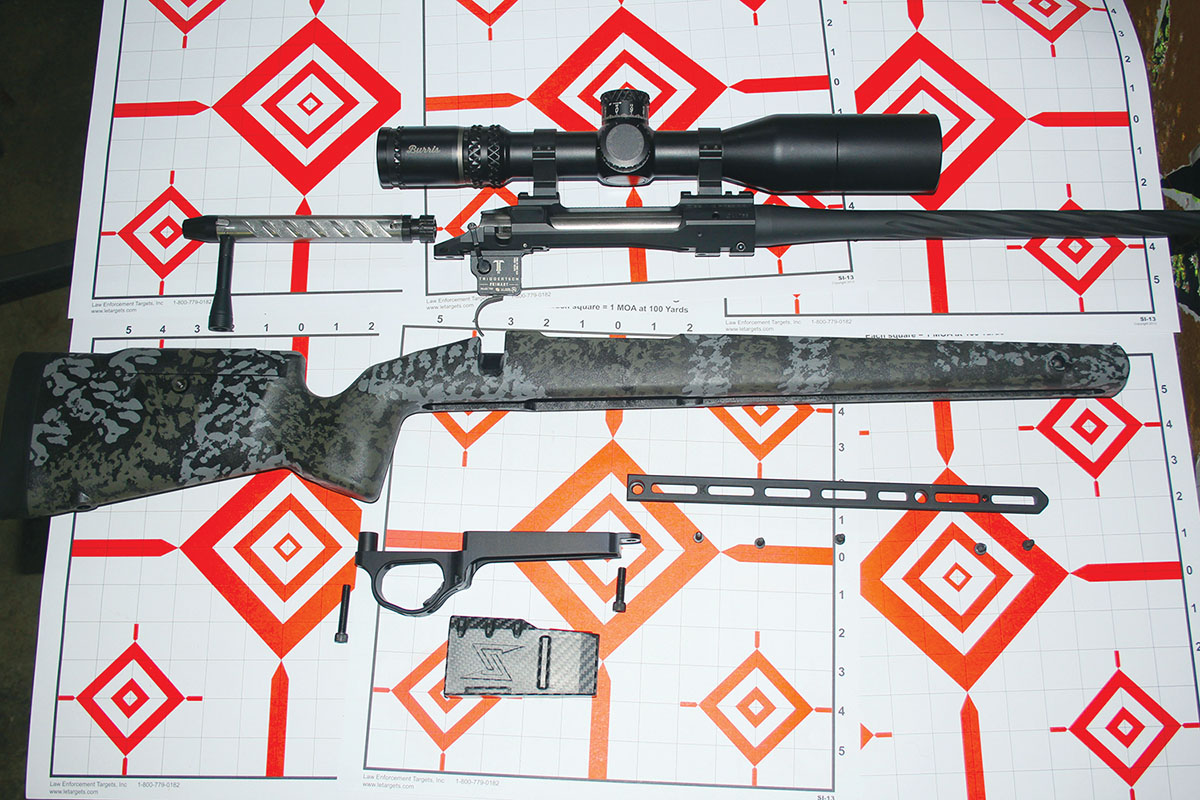 A blow-up of the Seekins Precision HAVOK PH3, taken down to its basic parts, is shown here. The PH3’s interchangeable barrel system requires removing the action from the stock.